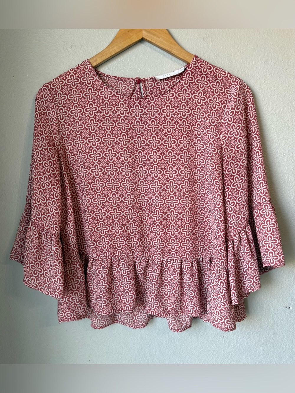 Lush Red & Black Geometric Print Blouse Ruffle Hem Women’s Size S Bell Sleeves